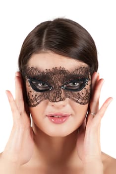 girl at mask closeup on a white background