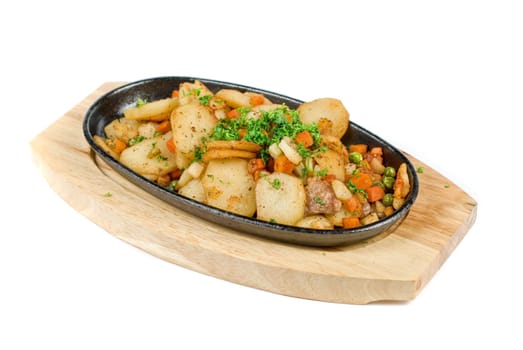 Fried potato with meat and vegetables on a white