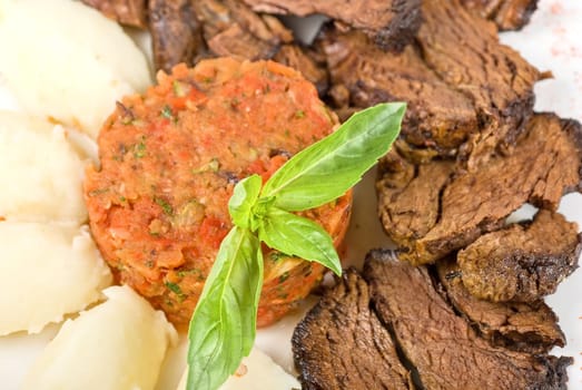 delicate beef fillet roasted with herbs - thyme, rosemary,clary, with potato and vegetable paste