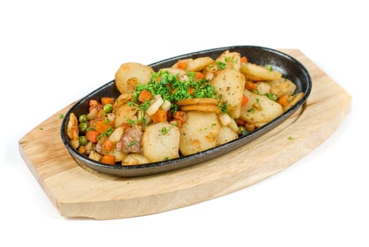 Fried potato with meat and vegetables on a white