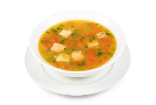 Fish soup with pikeperch and salmon isolated on a white