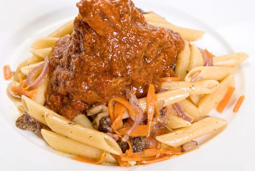 Macaroni with lamb meat and mushrooms