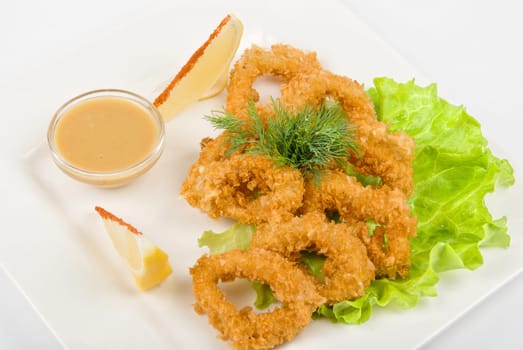 Deep-fried squid with salad leaves, sauce, green and lemon on a white background