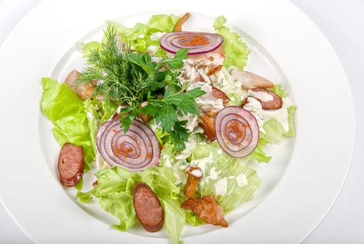Tasty salad dish close up with sausage and vegetables on a white background