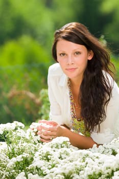 Summer garden beautiful romantic woman brunette care white flowers