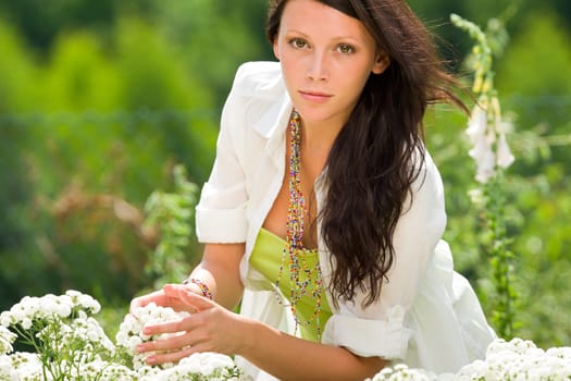 Summer garden beautiful romantic woman brunette care white flowers