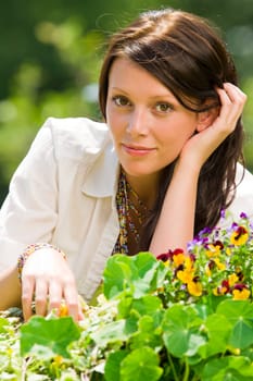 Summer garden colorful flowers beautiful woman romantic look
