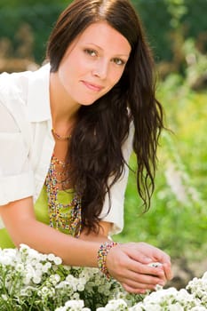 Summer garden beautiful romantic woman brunette care white flowers