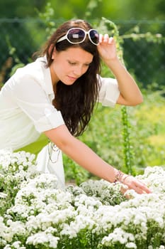 Summer garden beautiful romantic woman brunette white flowers