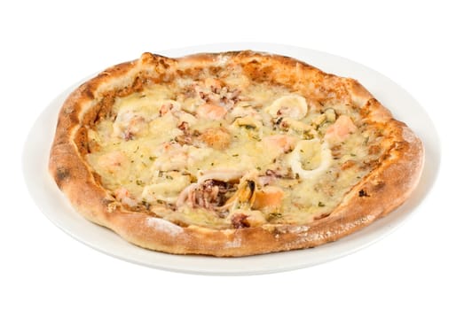 Tasty Seafood pizza on a white