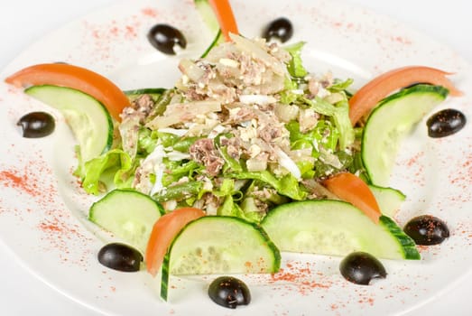 Salad of tuna fish with string beans, eggs, lettuce, boiled potato and fresh cucumbers and tomato
