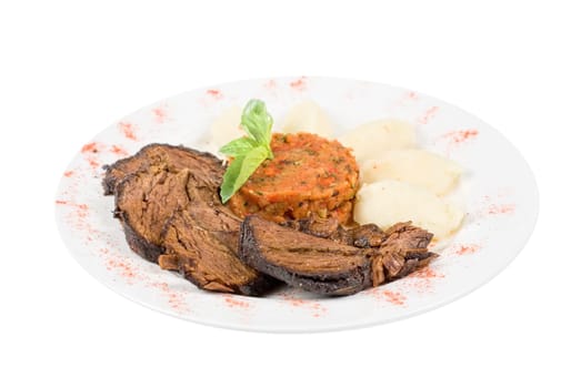 delicate beef fillet roasted with herbs - thyme, rosemary,clary, with potato and vegetable paste