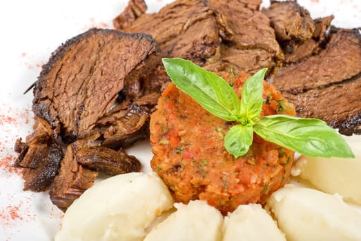 delicate beef fillet roasted with herbs - thyme, rosemary,clary, with potato and vegetable paste