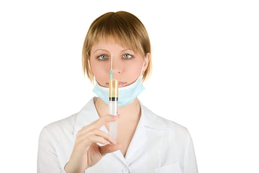 Beautiful young doctor with syringe isolated on white background