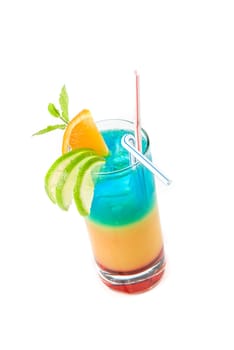 Alcoholic cocktails with lime, orange and mint decorated isolated on white background