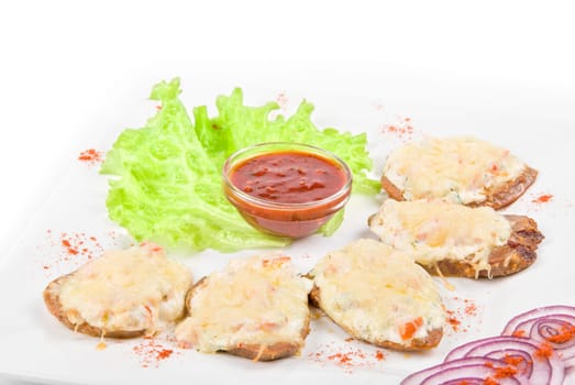Baked beef tongue with cheese and vegetable with Salad Leaf and sauce isolated on white background