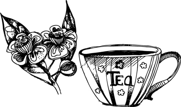 Black vector illustration of tea and leafs