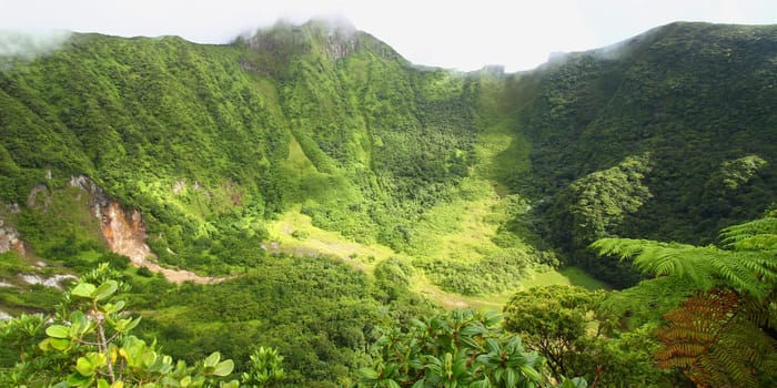 The Crater below cloud covered Mount Liamuiga on Saint Kitts.