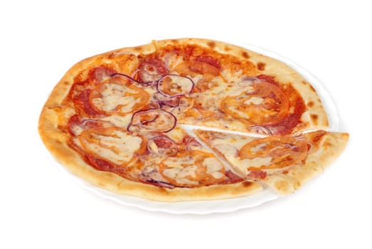pizza closeup with salami, tomato, onion and mozzarella cheese