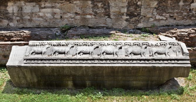 Garden display of mineral rock carving of sheep at Hagi Sofia, horizontal, crop space, copy space