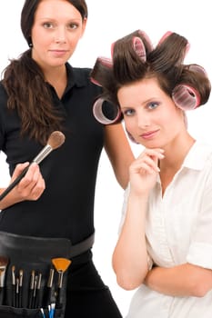 Make-up artist woman fashion model portrait with powder blush rouge brush
