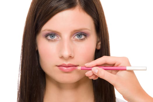 Professional makeup model portrait artist make line using lip pencil