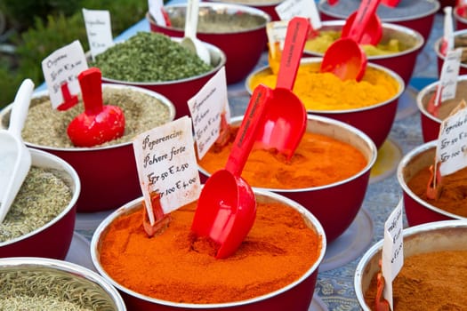 small boxes with different spices in market
