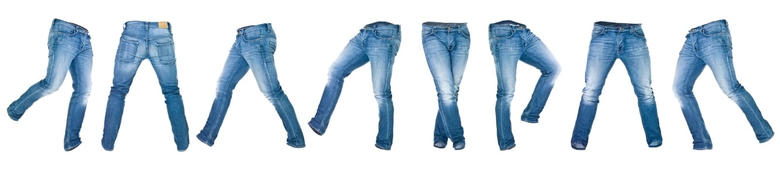 Collage of Worn blue jeans isolated on white background