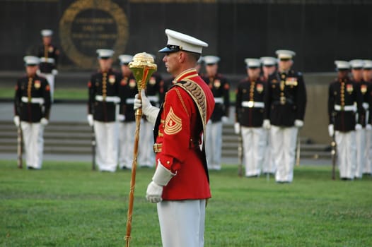 Sunset ceremony at the USMC War Memorial, more commonly known as the Iwo Jima Memorial in Arlington, Virginia