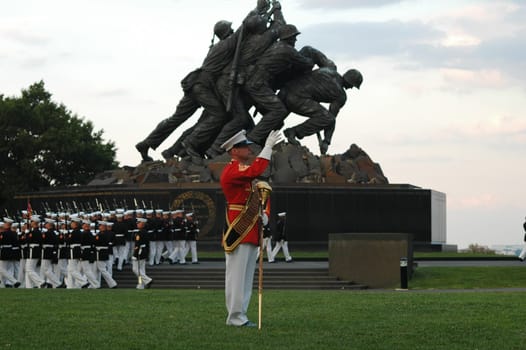 Sunset ceremony at the USMC War Memorial, more commonly known as the Iwo Jima Memorial in Arlington, Virginia