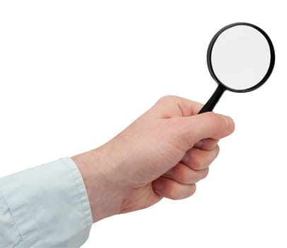 Man&#039 s Hand Holding Magnifying Glass on White Background