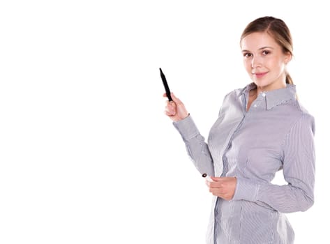 Young woman pointing with pen