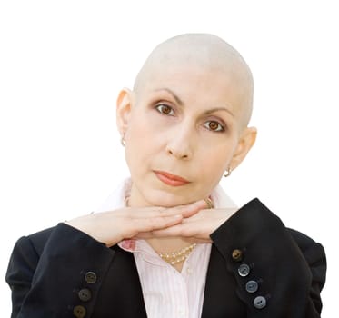 Portrait of cancer patient undergoing chemotherapy and loss of hair. Real woman, diagnosed with breast cancer and ovarian cancer. Isolated over white background.