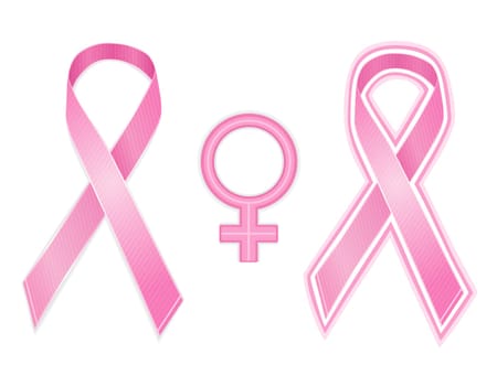 Pink breast cancer ribbons and female sex genetic symbol. Isolated over white background.
