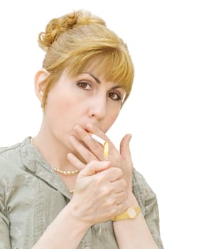 Portrait of woman smoking - unhealthy addiction. Isolated over white background.