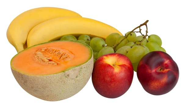 Fresh Fruits With Clipping Path isolated on White Background - Cantaloupe Melon, Bananas, Grapes and Nectarines