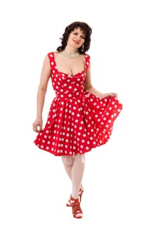 woman pin-up in red dress isolated on white background