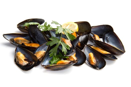 pile of cooked mussels  over white background