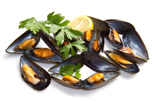 pile of cooked mussels  over white background