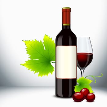 Red wine bottle and filled glass with vine