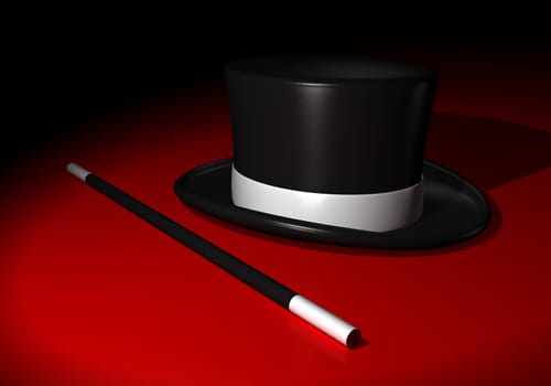 Magic wand with magic hat on red ground