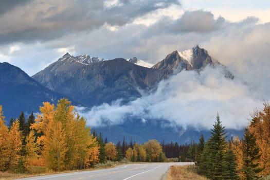 Lonely road crossing the Canadian Rockies, Icefields Parkway, Banff National Park, Canadian Rockies, Alberta, Canada