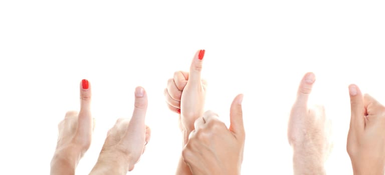Many thumbs facing up against a white background