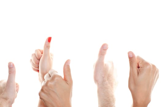 Many thumbs facing up against a white background