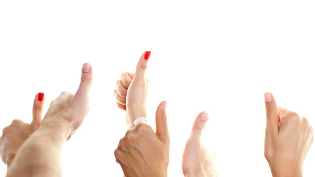 Many thumbs facing up against a white background