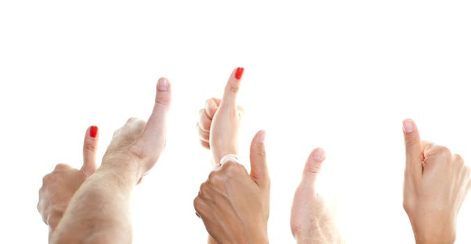 Many thumbs facing up against a white background