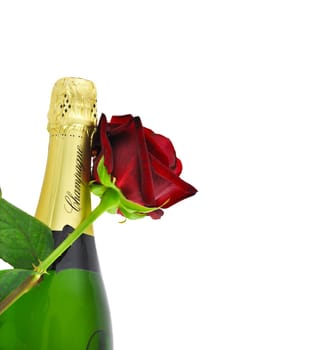 Champagne and a red rose, romantic concept
