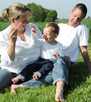 Cheerful parents and toddler on a meadow