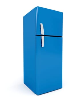 Modern blue fridge on white background. 3d rendered image.