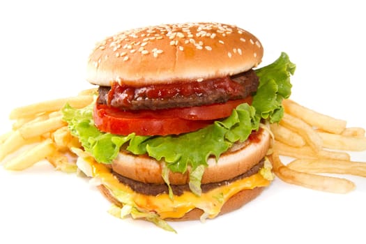 hamburger with potatoes isolated on white background